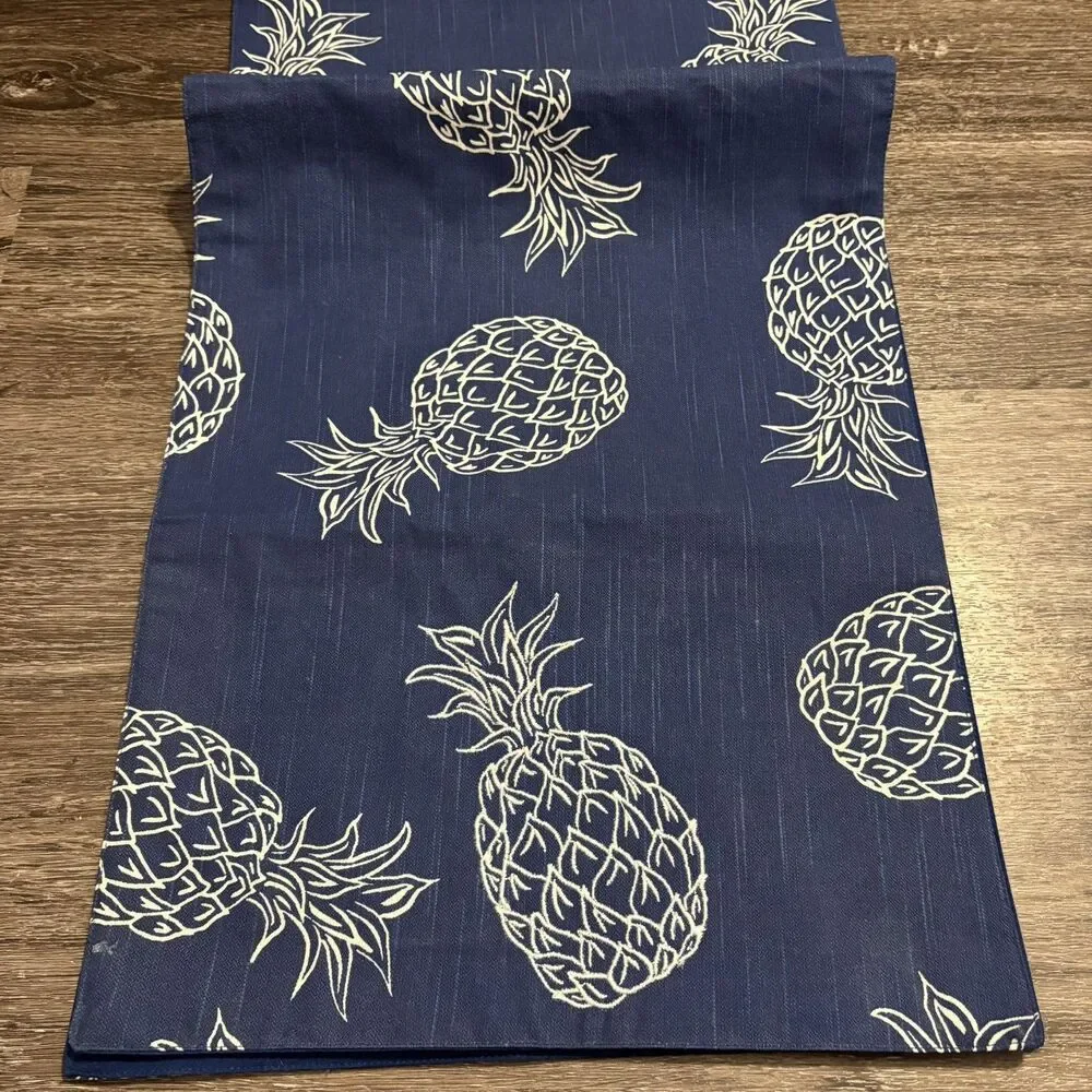 Table Runner Embroidered Pineapples White & Blue Contemporary Padded 14x71